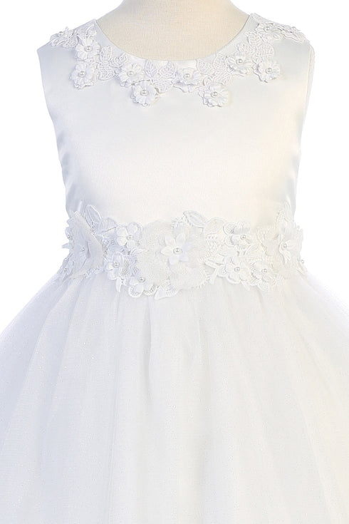 Little Girls White Pearl Floral Applique Princess Ballgown Dress 2-6